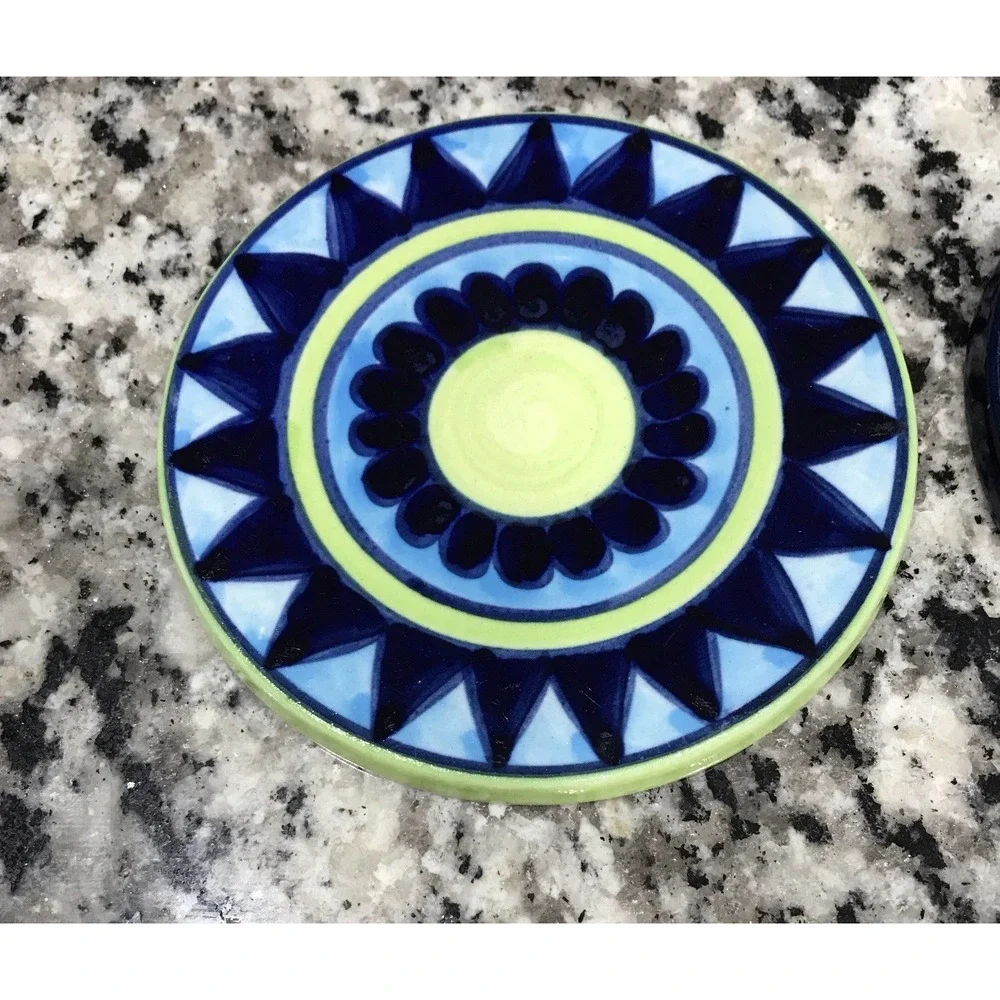 Pair of Pier One Ceramic Coasters Vibrant Blue Green Star Round Set Of 2